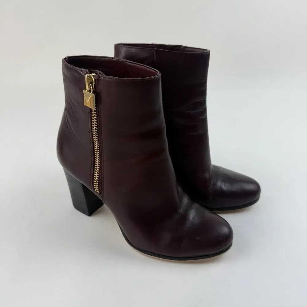 Michael Kors Womens Leather Ankle Boots Size 8M Burgundy Red Block Heel Booties